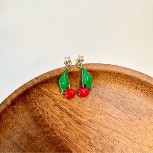 4/$15 Gold Red Green Enameled Cherry Drop Earrings